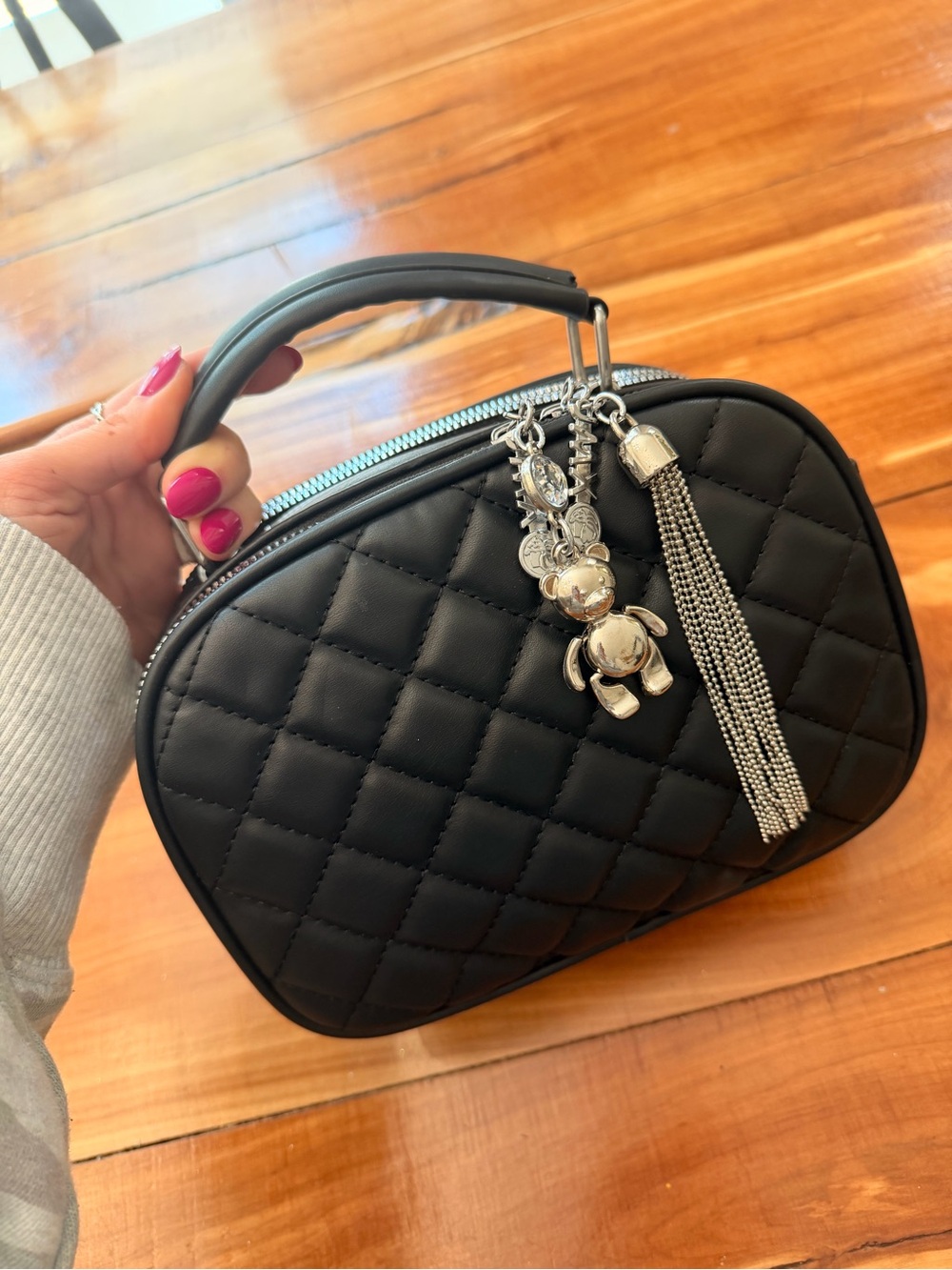 Quilted Black Mini Top-Handle Bag with Silver Tassel Charm Bear Charm Black